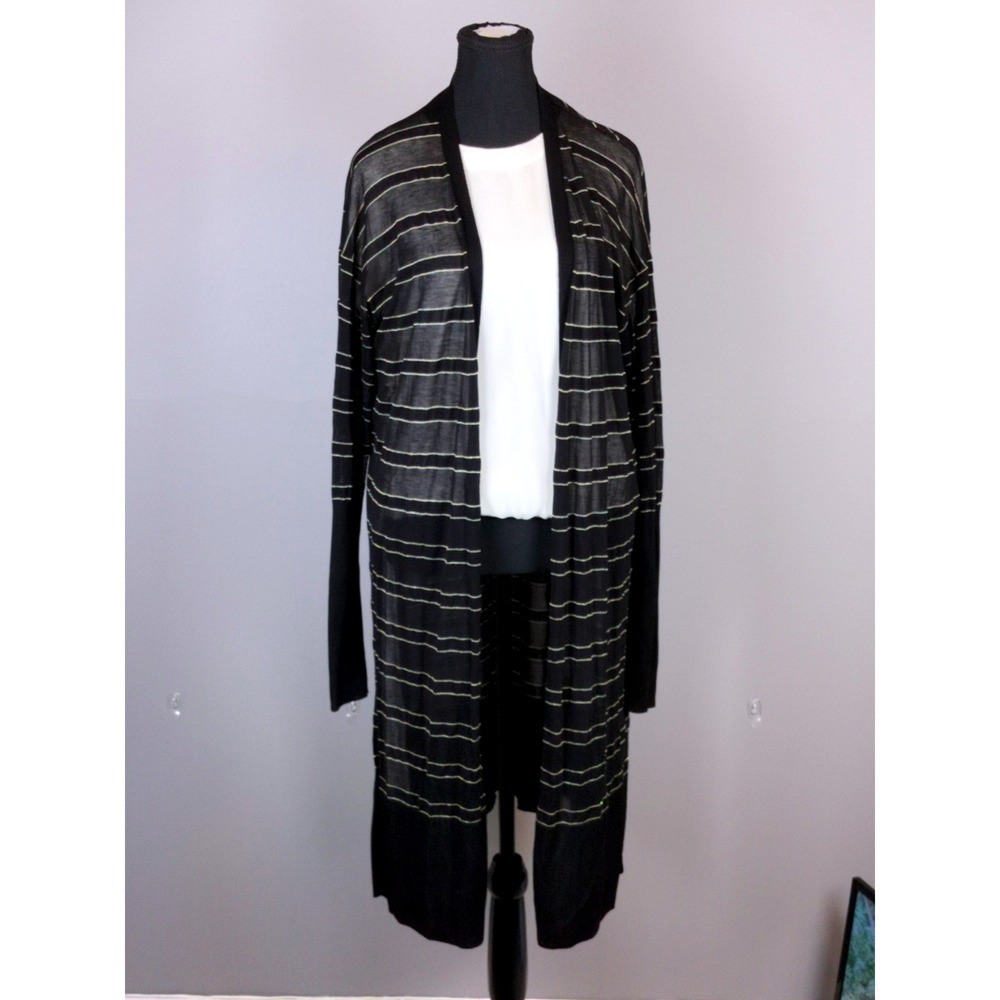 Lafayette 148 Silk Blend Metallic Striped Duster Cardigan Women Large Black Gold
